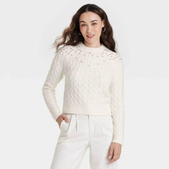 A New Day Women’s Cable Knit Pullover Sweater XXL Cream | Sparkly Embellishments - Picture 3 of 4